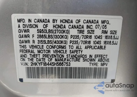 2005 Honda Pilot Ex from USA, damaged, VIN 2HKYF18445H566753